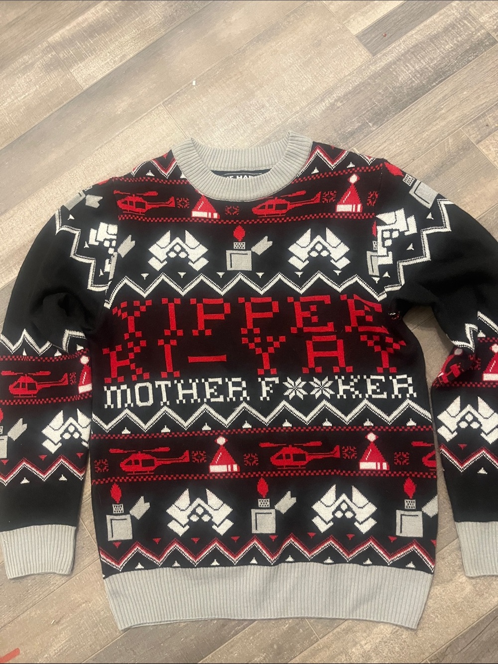 Die Hard Yippee Ki-Yay Mother Fu**er Black, Red & White Graphic Crewneck Sweater